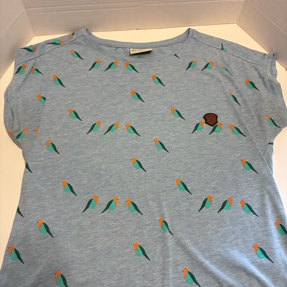 Naketano Women’s XL Blue T-Shirt with Parrot Print